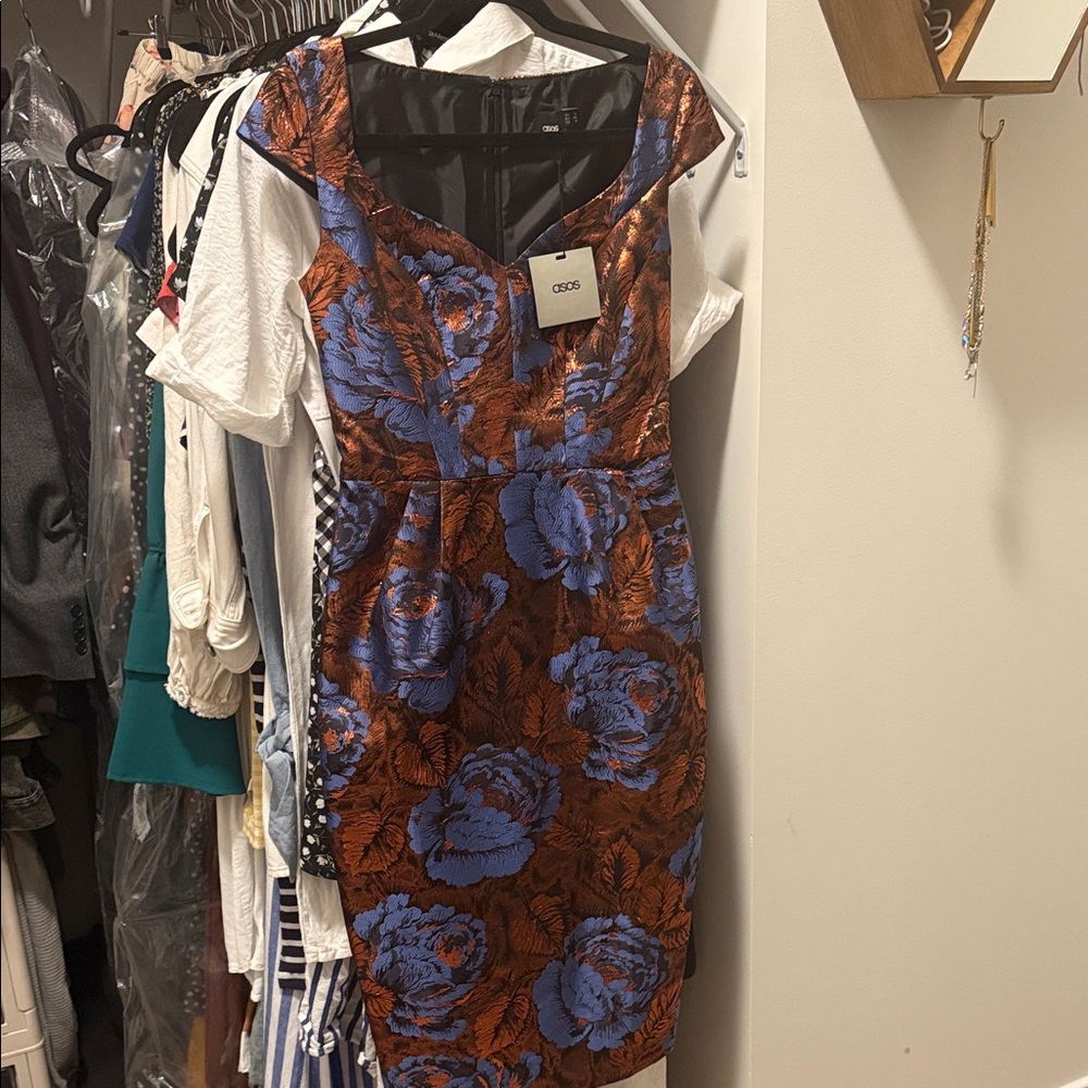 Guess Blue and Bronze Floral Midi Dress